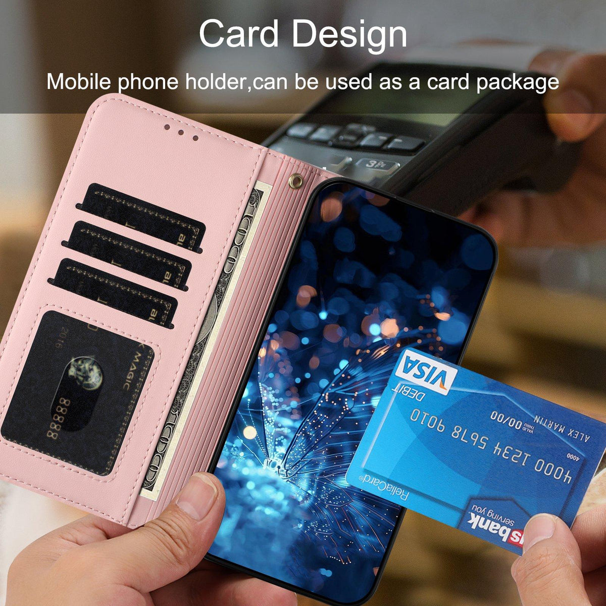 Compatible with iPhone 18 Pro Max & 17 Pro Max Glitter Butterfly Zipper Vegan Leather Phone Case with Wrist Strap - Pink