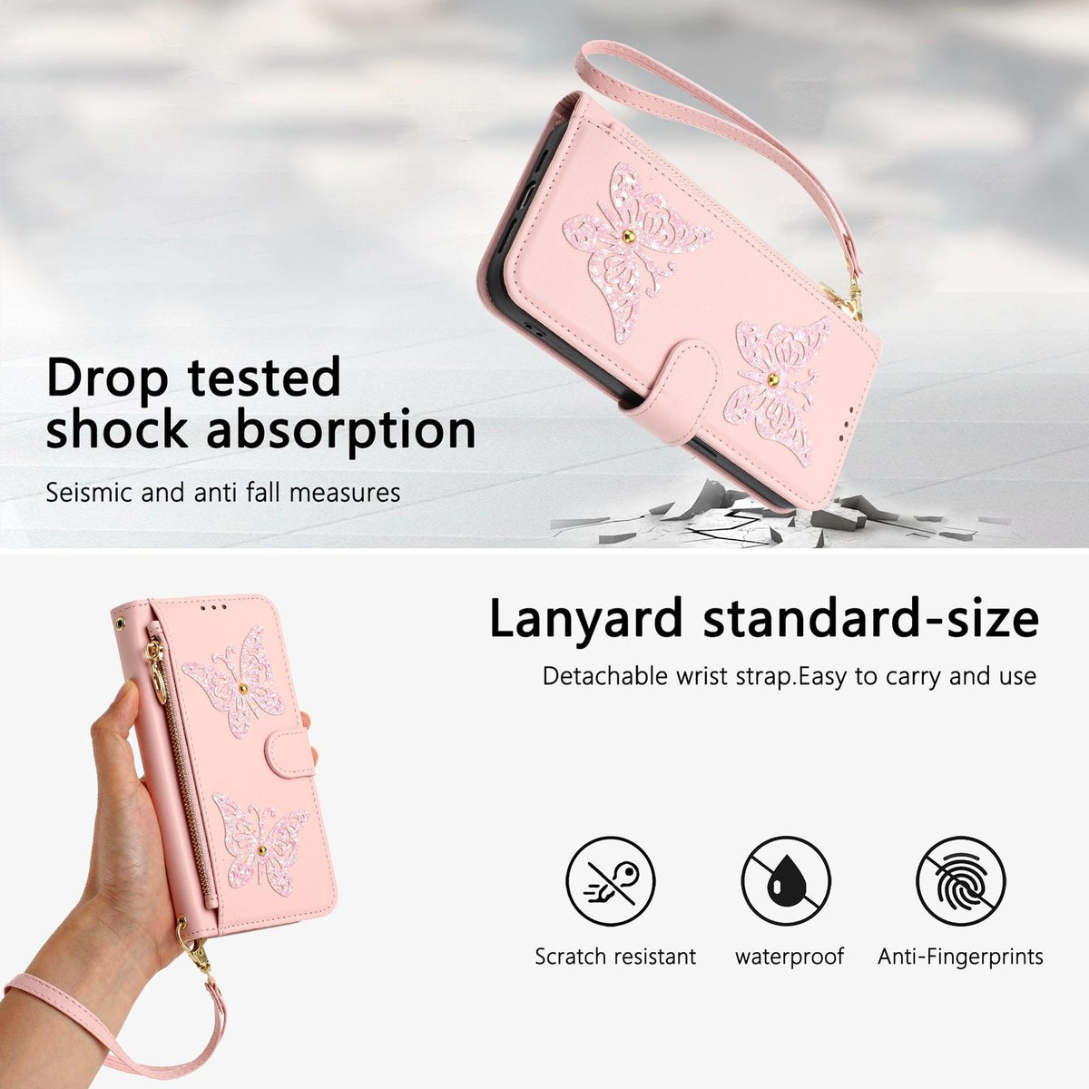 Compatible with iPhone 18 Pro Max & 17 Pro Max Glitter Butterfly Zipper Vegan Leather Phone Case with Wrist Strap - Pink