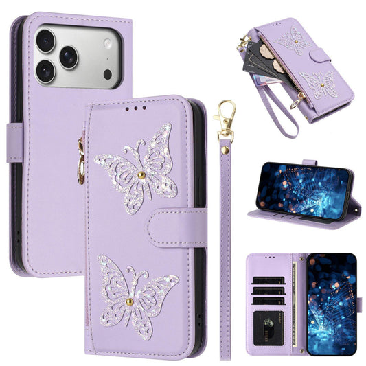 Compatible with iPhone 18 Pro Max & 17 Pro Max Glitter Butterfly Zipper Vegan Leather Phone Case with Wrist Strap - Purple