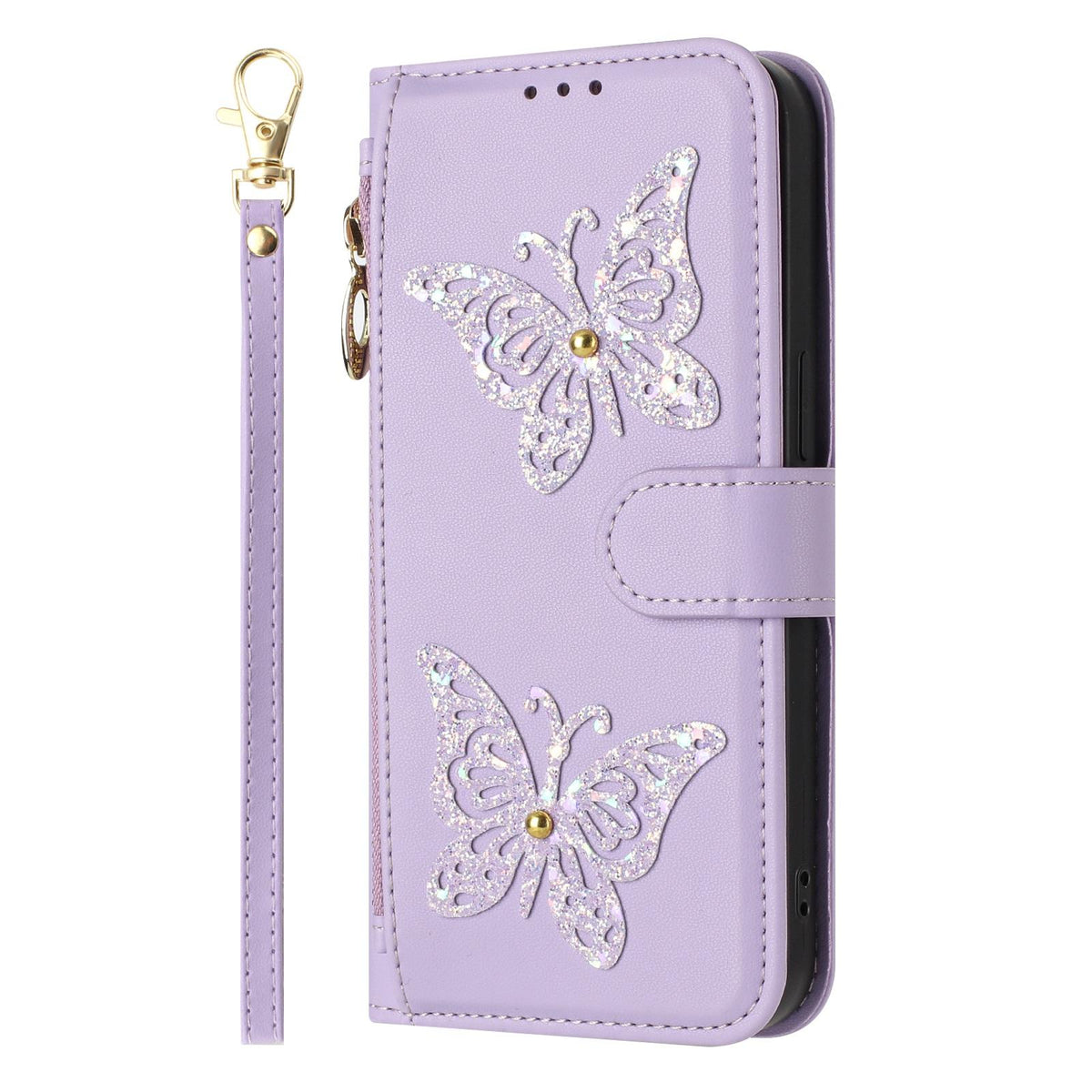 Compatible with iPhone 18 Pro Max & 17 Pro Max Glitter Butterfly Zipper Vegan Leather Phone Case with Wrist Strap - Purple