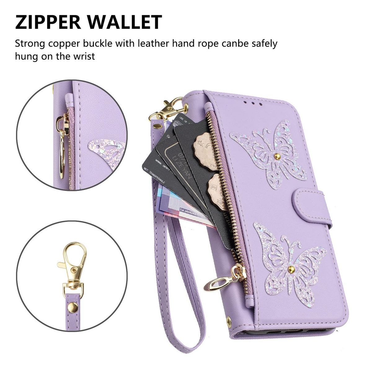 Compatible with iPhone 18 Pro Max & 17 Pro Max Glitter Butterfly Zipper Vegan Leather Phone Case with Wrist Strap - Purple