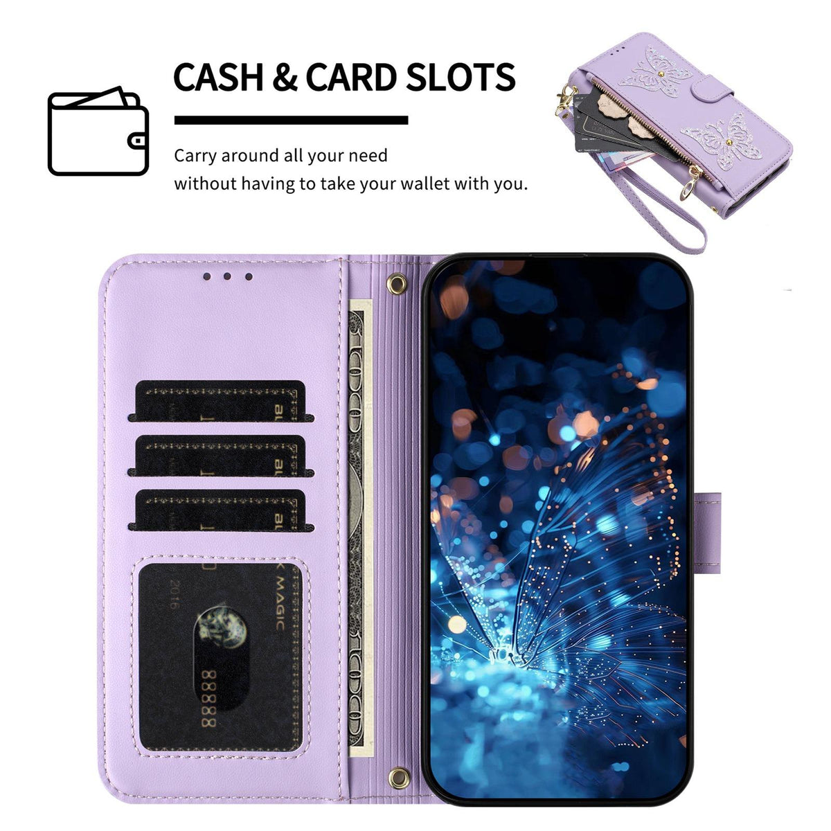 Compatible with iPhone 18 Pro Max & 17 Pro Max Glitter Butterfly Zipper Vegan Leather Phone Case with Wrist Strap - Purple