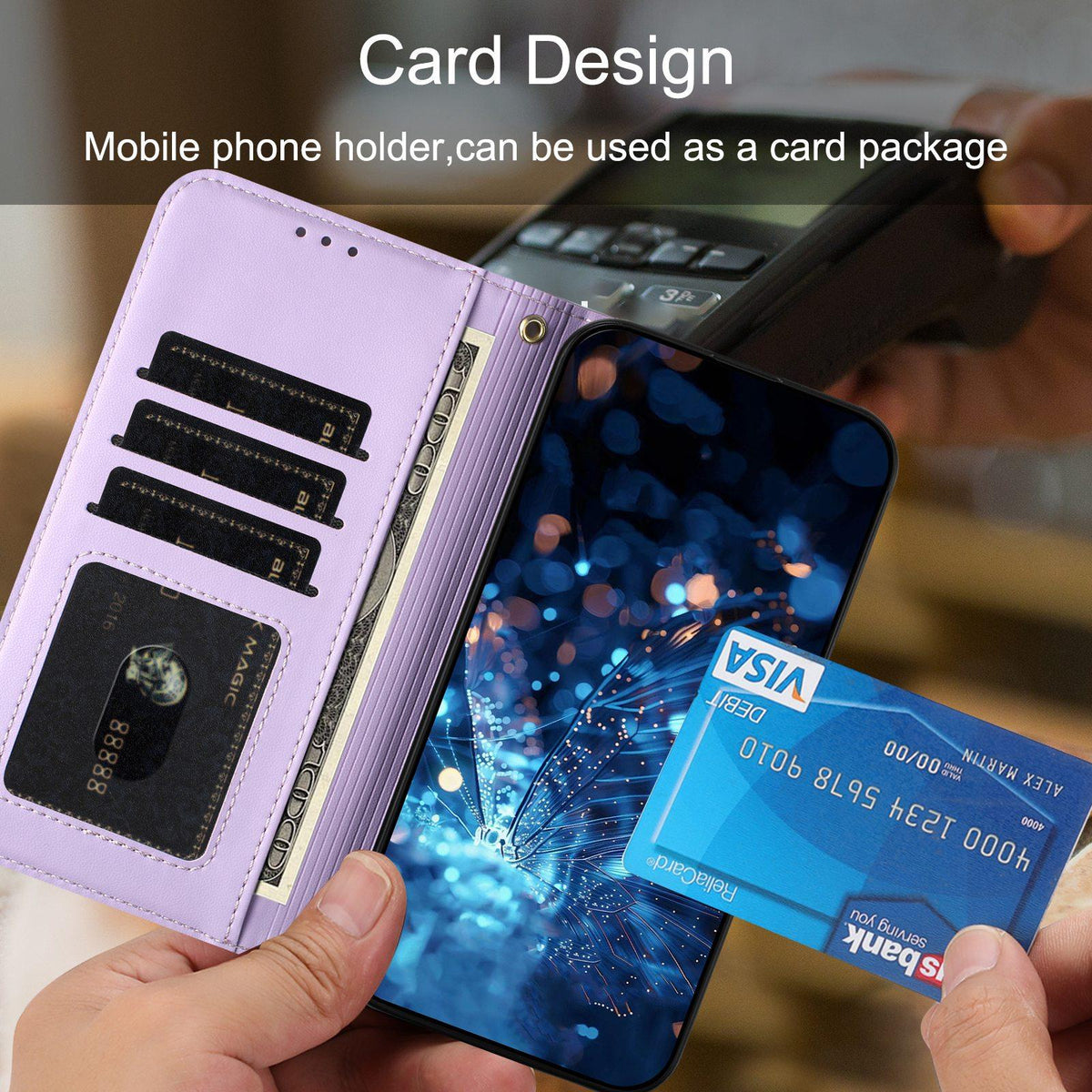 Compatible with iPhone 18 Pro Max & 17 Pro Max Glitter Butterfly Zipper Vegan Leather Phone Case with Wrist Strap - Purple