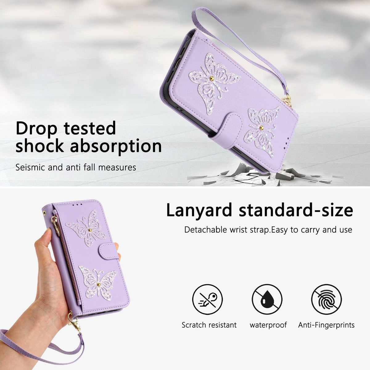 Compatible with iPhone 18 Pro Max & 17 Pro Max Glitter Butterfly Zipper Vegan Leather Phone Case with Wrist Strap - Purple