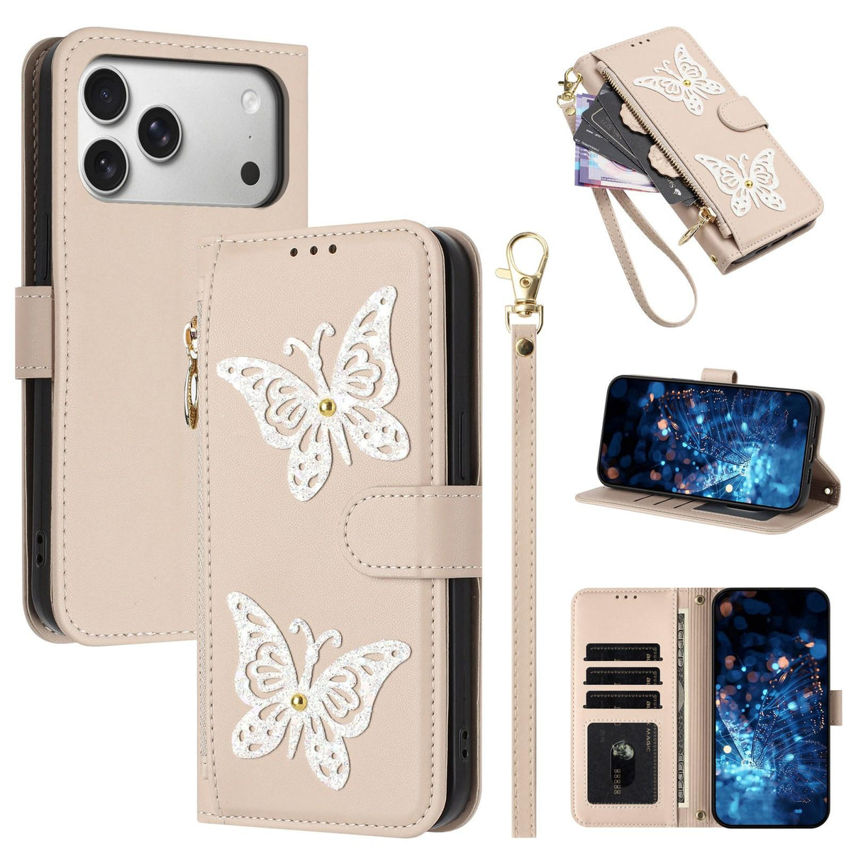 Compatible with iPhone 18 Pro Max & 17 Pro Max Glitter Butterfly Zipper Vegan Leather Phone Case with Wrist Strap - Apricot