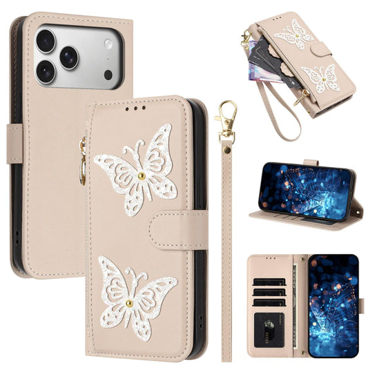 Compatible with iPhone 18 Pro Max & 17 Pro Max Glitter Butterfly Zipper Vegan Leather Phone Case with Wrist Strap - Apricot