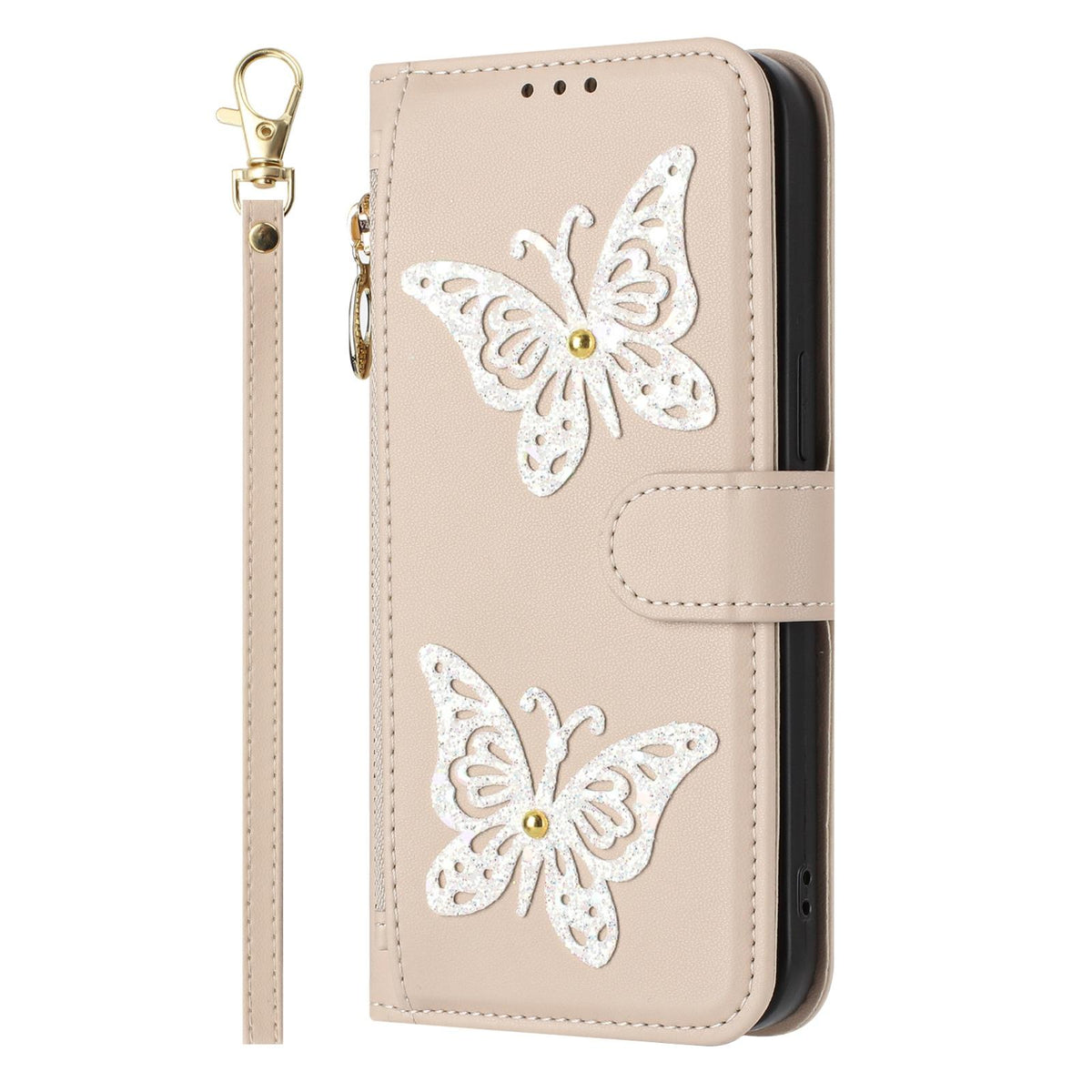 Compatible with iPhone 18 Pro Max & 17 Pro Max Glitter Butterfly Zipper Vegan Leather Phone Case with Wrist Strap - Apricot