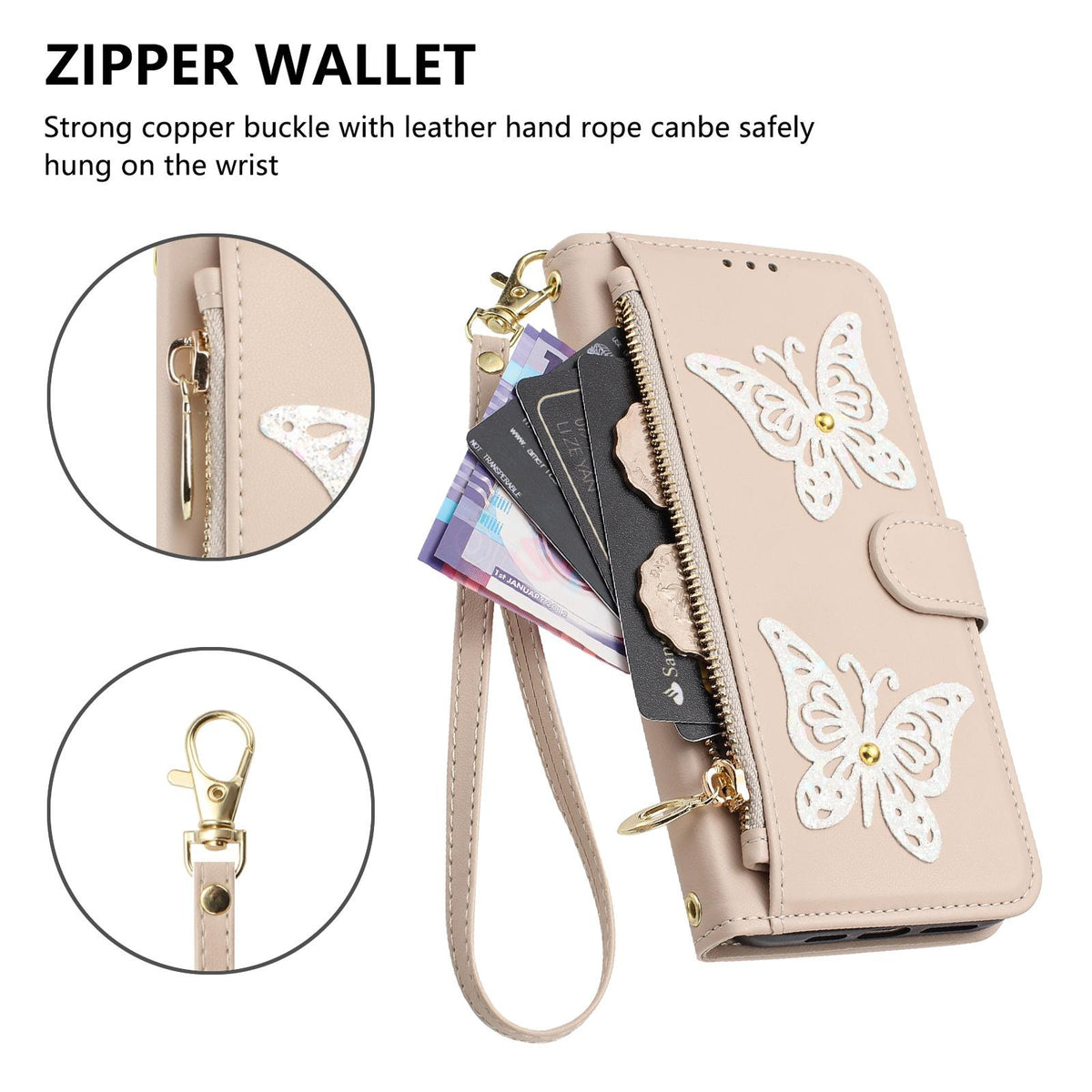 Compatible with iPhone 18 Pro Max & 17 Pro Max Glitter Butterfly Zipper Vegan Leather Phone Case with Wrist Strap - Apricot
