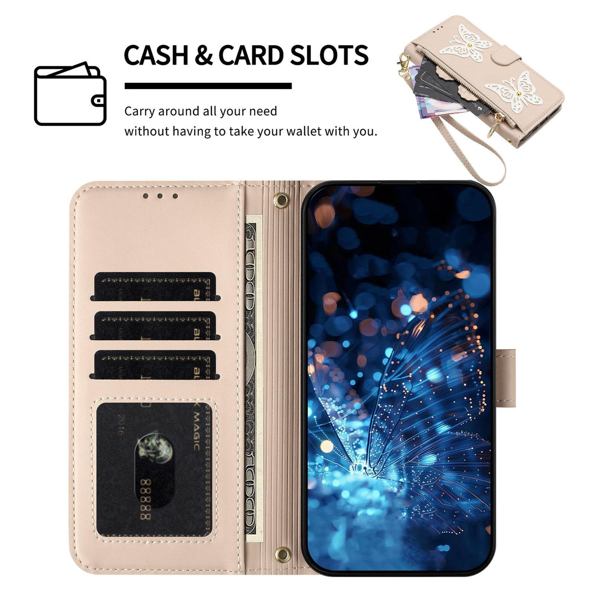 Compatible with iPhone 18 Pro Max & 17 Pro Max Glitter Butterfly Zipper Vegan Leather Phone Case with Wrist Strap - Apricot