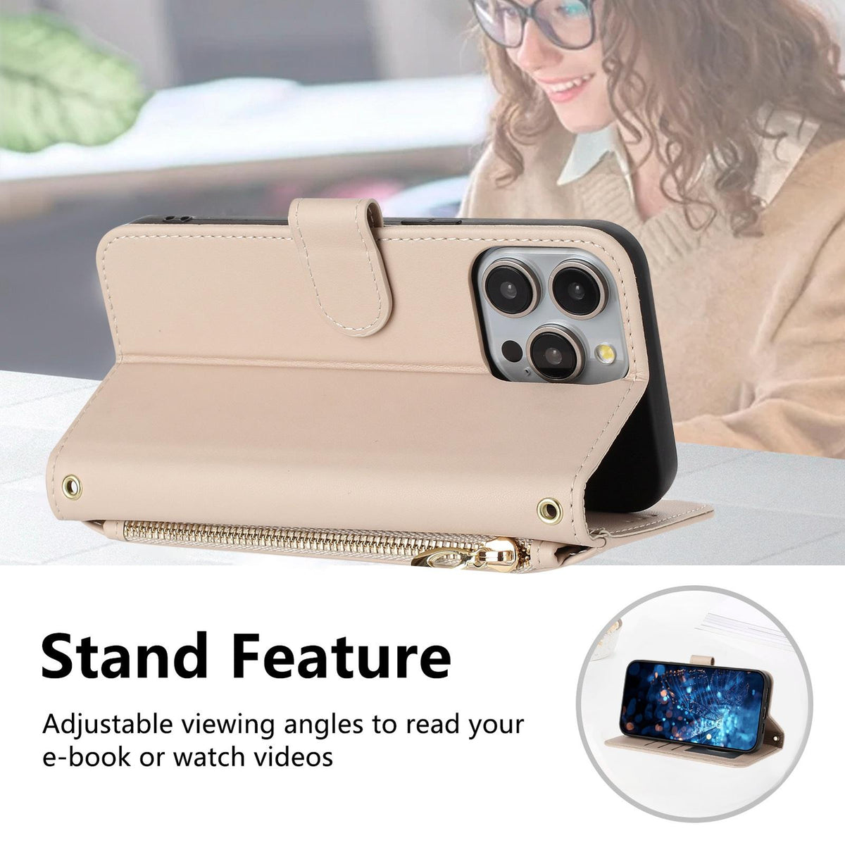 Compatible with iPhone 18 Pro Max & 17 Pro Max Glitter Butterfly Zipper Vegan Leather Phone Case with Wrist Strap - Apricot