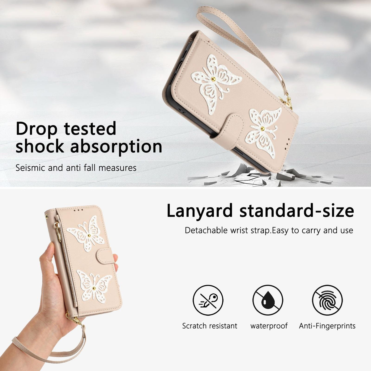 Compatible with iPhone 18 Pro Max & 17 Pro Max Glitter Butterfly Zipper Vegan Leather Phone Case with Wrist Strap - Apricot