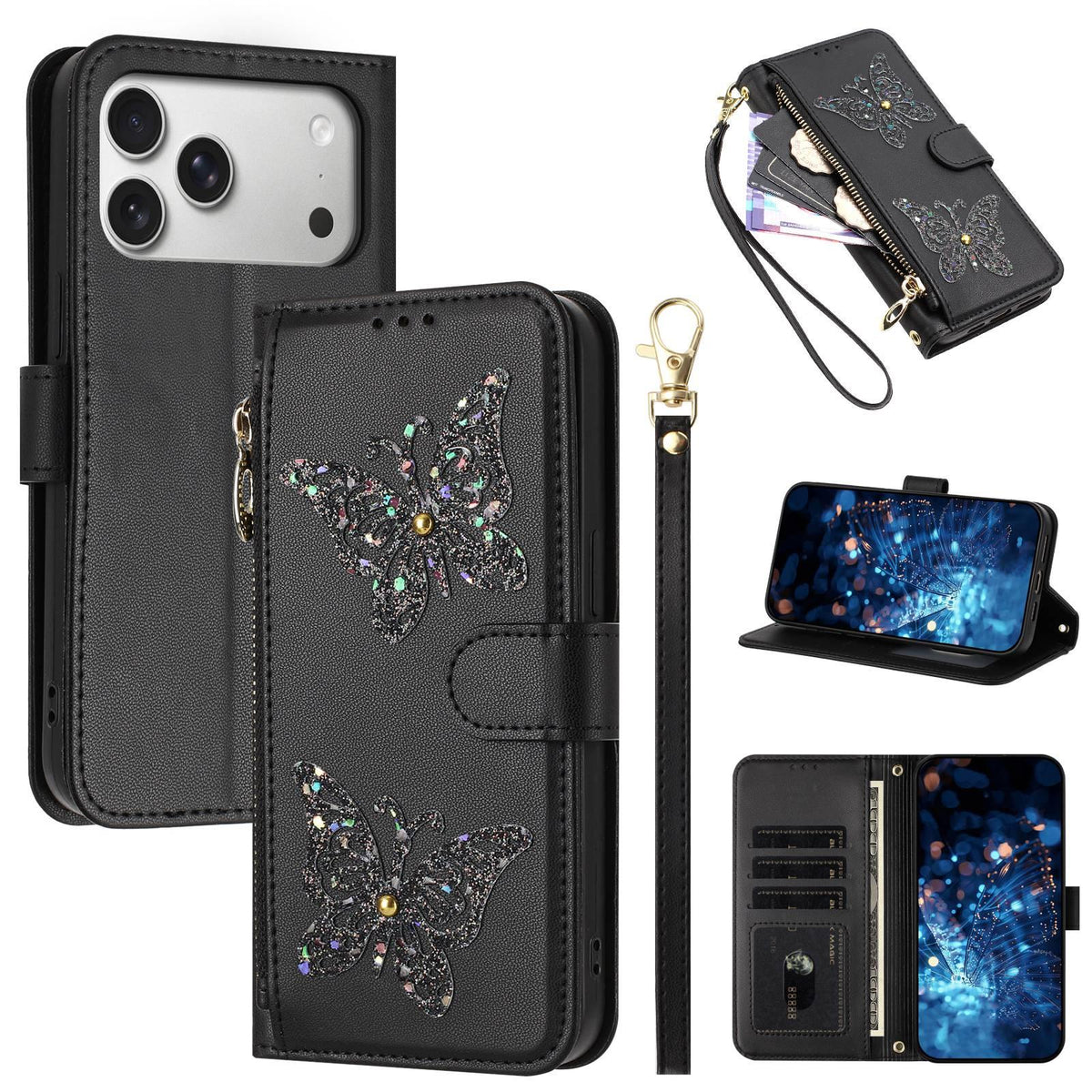 Compatible with iPhone 18 Pro Max & 17 Pro Max Glitter Butterfly Zipper Vegan Leather Phone Case with Wrist Strap - Black
