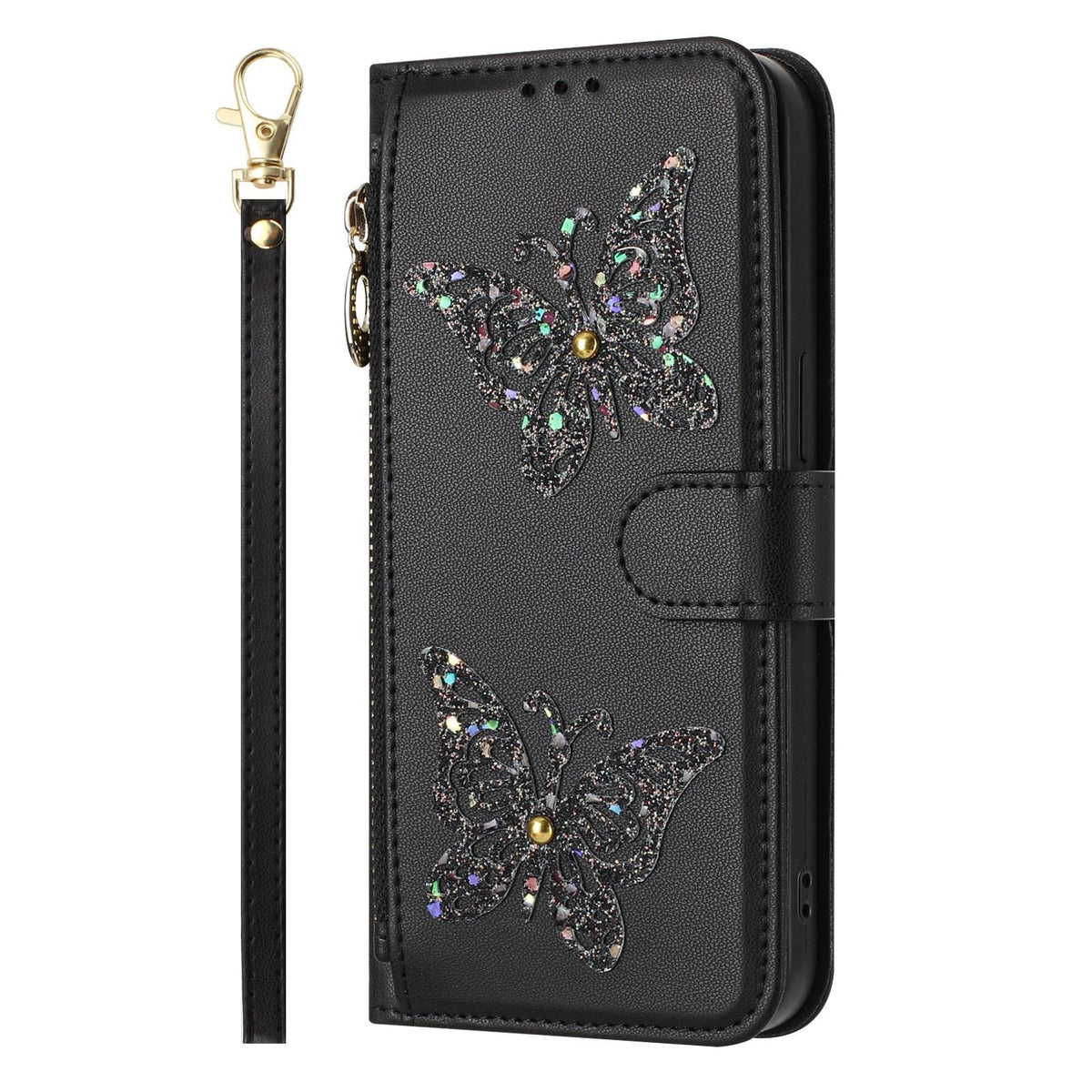 Compatible with iPhone 18 Pro Max & 17 Pro Max Glitter Butterfly Zipper Vegan Leather Phone Case with Wrist Strap - Black