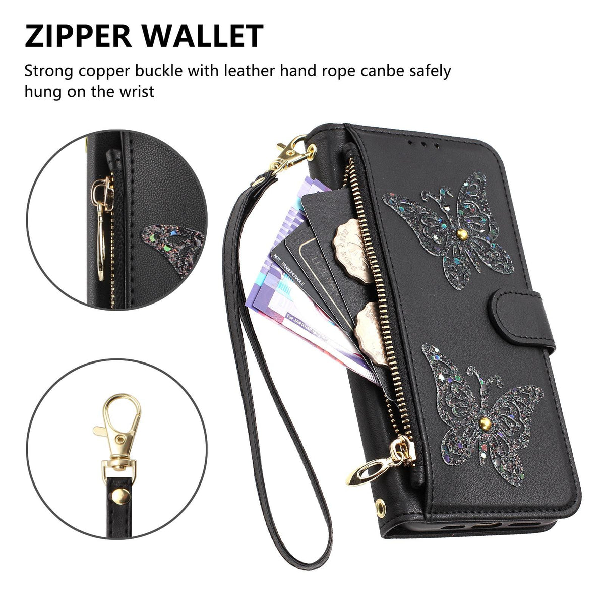 Compatible with iPhone 18 Pro Max & 17 Pro Max Glitter Butterfly Zipper Vegan Leather Phone Case with Wrist Strap - Black