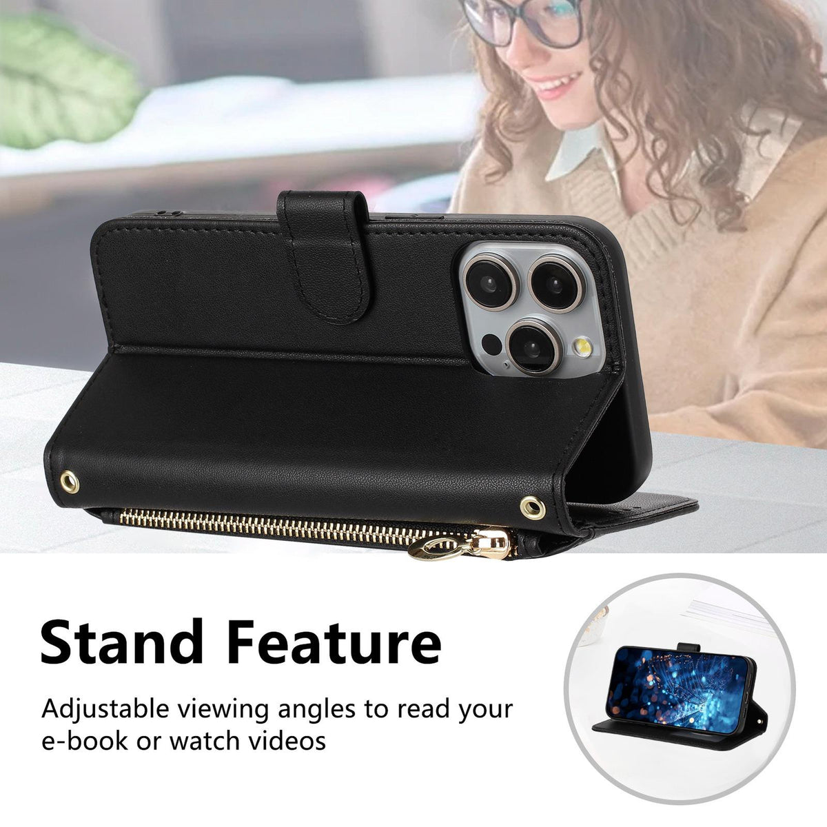 Compatible with iPhone 18 Pro Max & 17 Pro Max Glitter Butterfly Zipper Vegan Leather Phone Case with Wrist Strap - Black