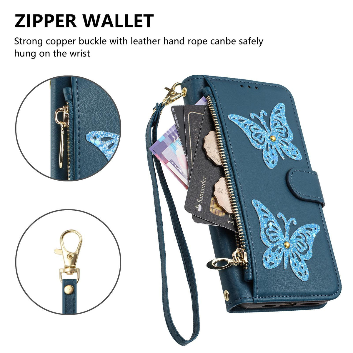 Compatible with iPhone 18 Pro Max & 17 Pro Max Glitter Butterfly Zipper Vegan Leather Phone Case with Wrist Strap - Blue