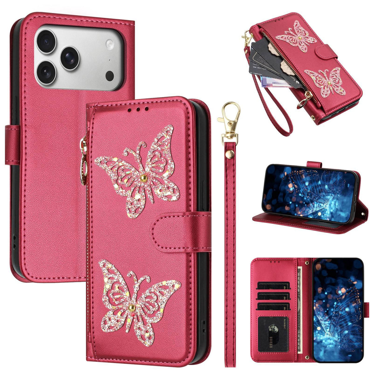 Compatible with iPhone 18 Pro & 17 Pro Glitter Butterfly Zipper Vegan Leather Phone Case with Wrist Strap - Rose Red