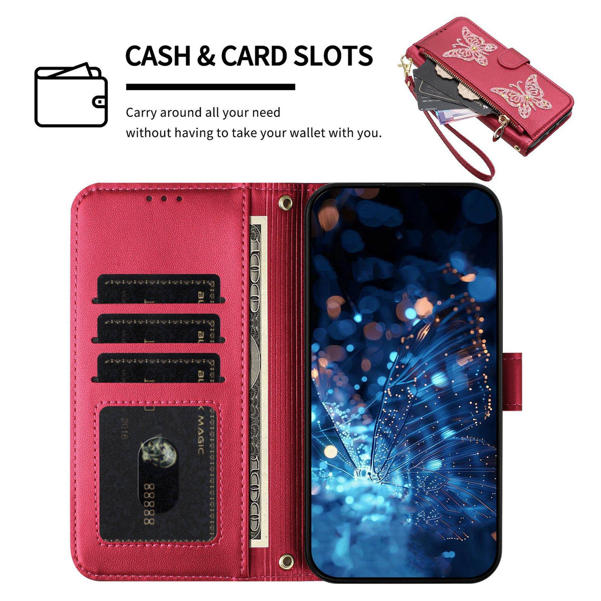 Compatible with iPhone 18 Pro & 17 Pro Glitter Butterfly Zipper Vegan Leather Phone Case with Wrist Strap - Rose Red