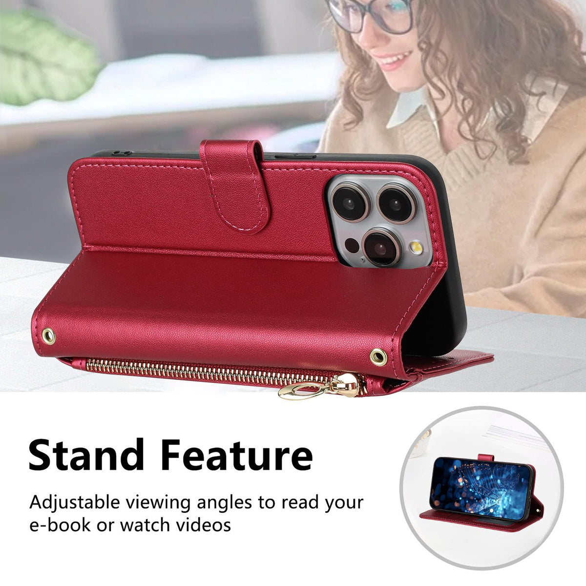 Compatible with iPhone 18 Pro & 17 Pro Glitter Butterfly Zipper Vegan Leather Phone Case with Wrist Strap - Rose Red