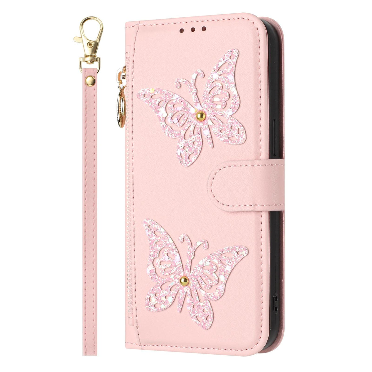 Compatible with iPhone 18 Pro & 17 Pro Glitter Butterfly Zipper Vegan Leather Phone Case with Wrist Strap - Pink