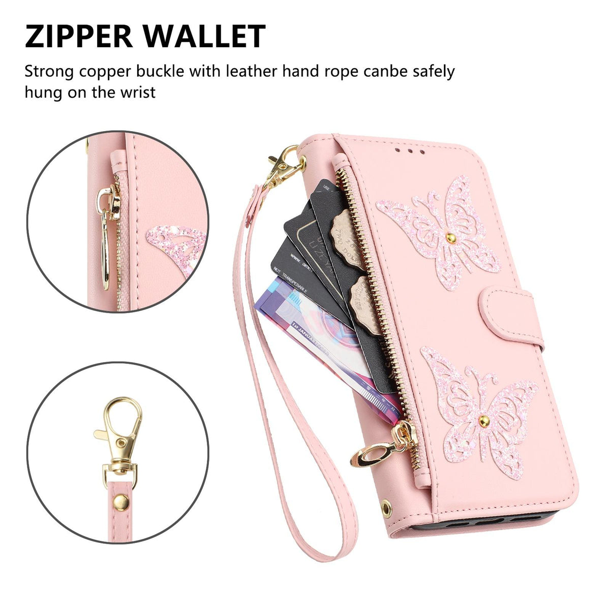 Compatible with iPhone 18 Pro & 17 Pro Glitter Butterfly Zipper Vegan Leather Phone Case with Wrist Strap - Pink