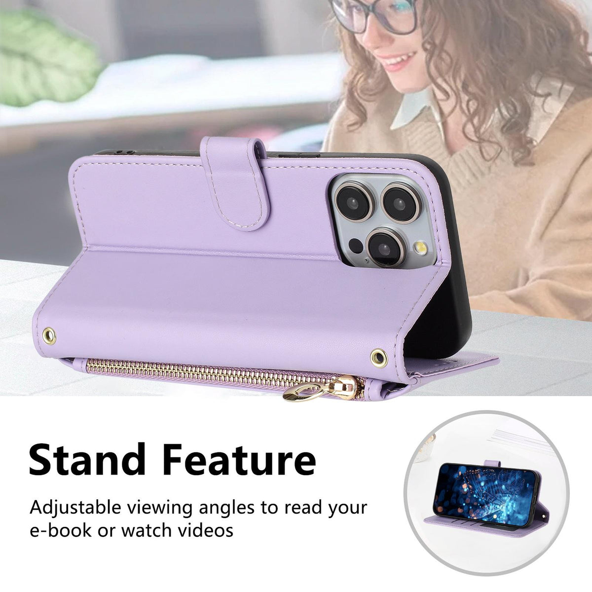 Compatible with iPhone 18 Pro & 17 Pro Glitter Butterfly Zipper Vegan Leather Phone Case with Wrist Strap - Purple