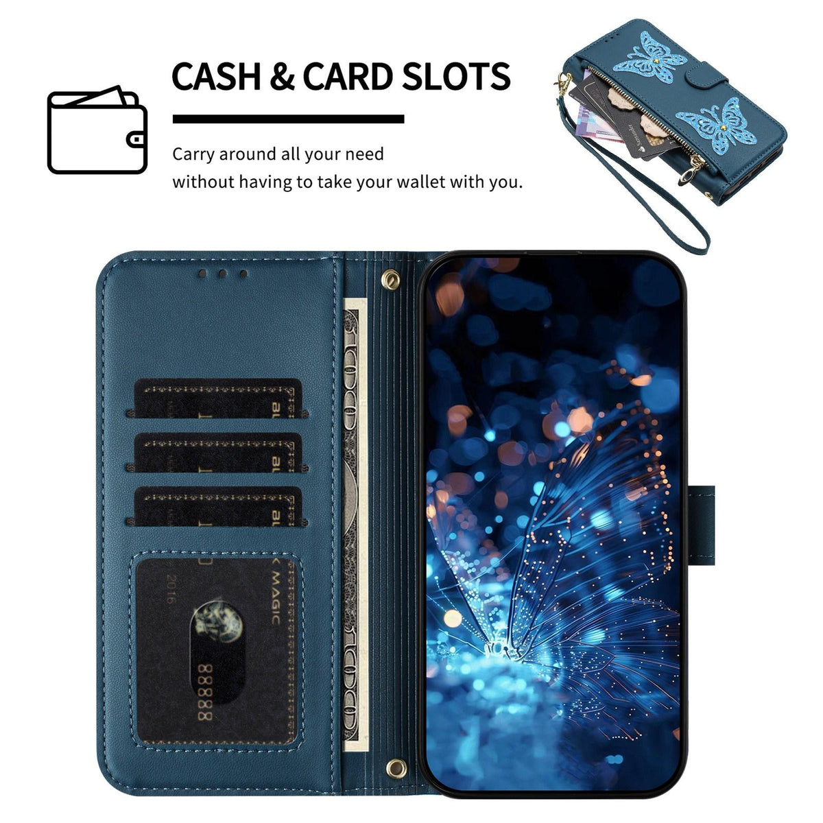 Compatible with iPhone 18 Pro & 17 Pro Glitter Butterfly Zipper Vegan Leather Phone Case with Wrist Strap - Blue