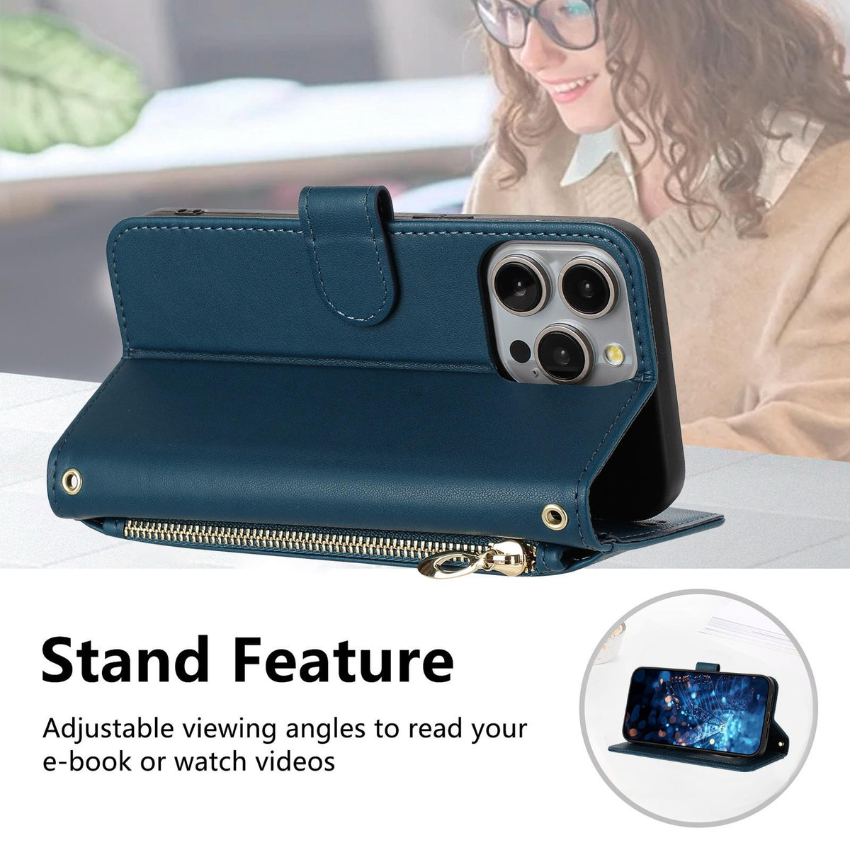 Compatible with iPhone 18 Pro & 17 Pro Glitter Butterfly Zipper Vegan Leather Phone Case with Wrist Strap - Blue