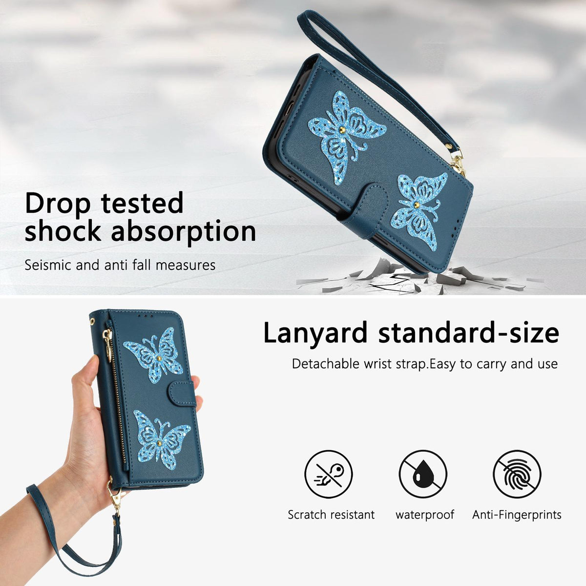 Compatible with iPhone 18 Pro & 17 Pro Glitter Butterfly Zipper Vegan Leather Phone Case with Wrist Strap - Blue