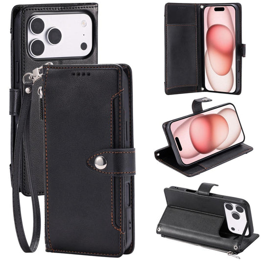 Compatible with iPhone 18 Pro Max & 17 Pro Max Litchi Texture Zipper Wallet Buckle Vegan Leather Phone Case with Wrist Strap - Black