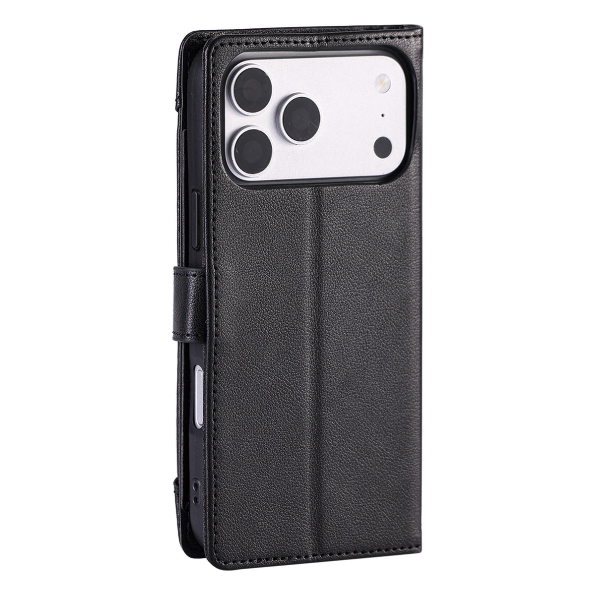 Compatible with iPhone 18 Pro Max & 17 Pro Max Litchi Texture Zipper Wallet Buckle Vegan Leather Phone Case with Wrist Strap - Black