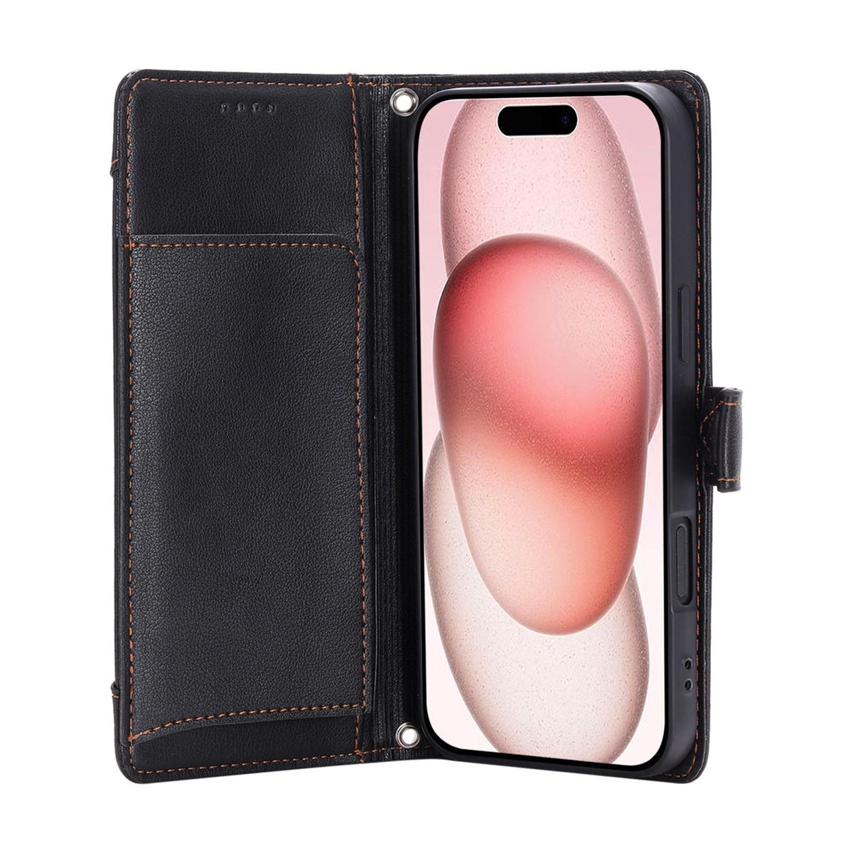 Compatible with iPhone 18 Pro Max & 17 Pro Max Litchi Texture Zipper Wallet Buckle Vegan Leather Phone Case with Wrist Strap - Black
