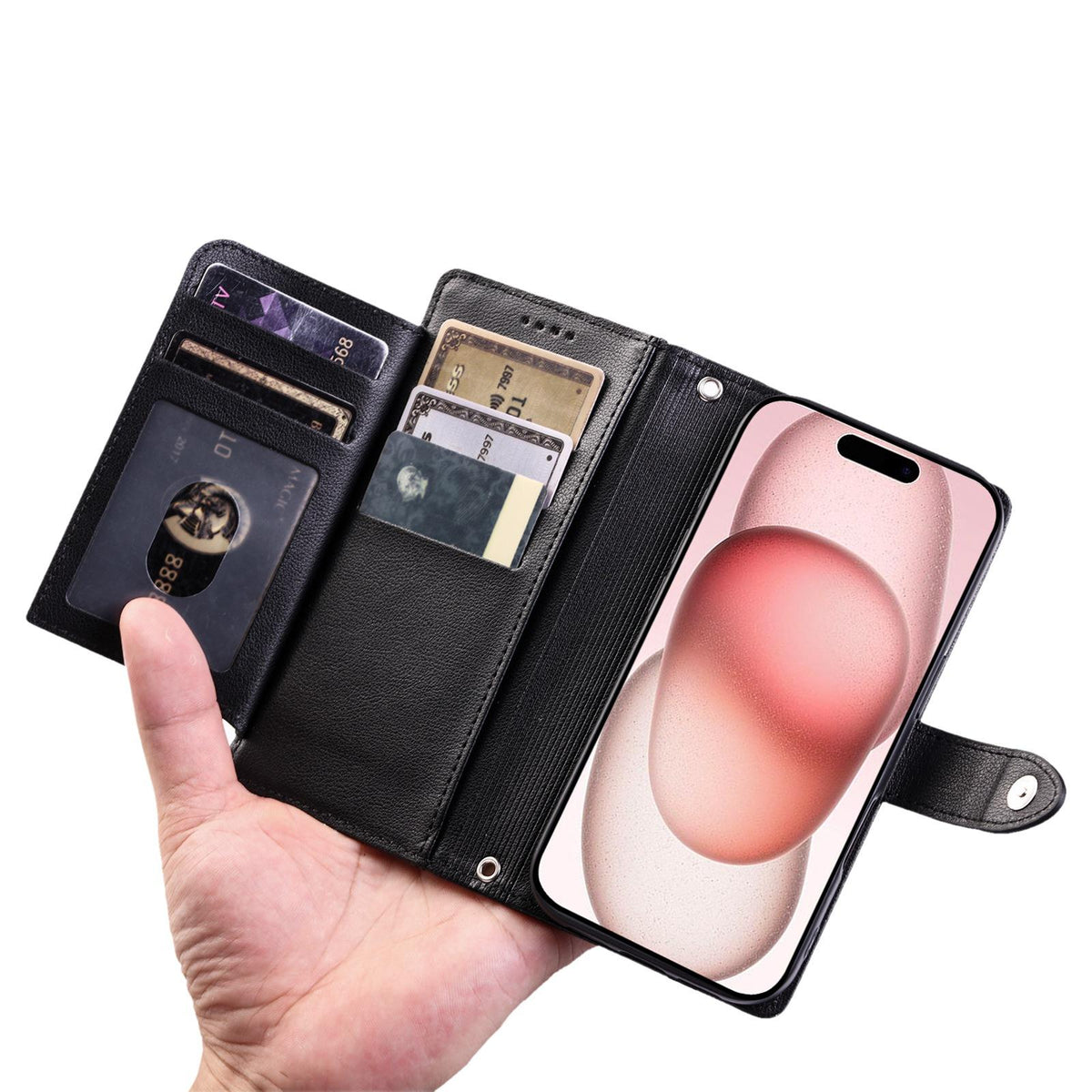 Compatible with iPhone 18 Pro Max & 17 Pro Max Litchi Texture Zipper Wallet Buckle Vegan Leather Phone Case with Wrist Strap - Black