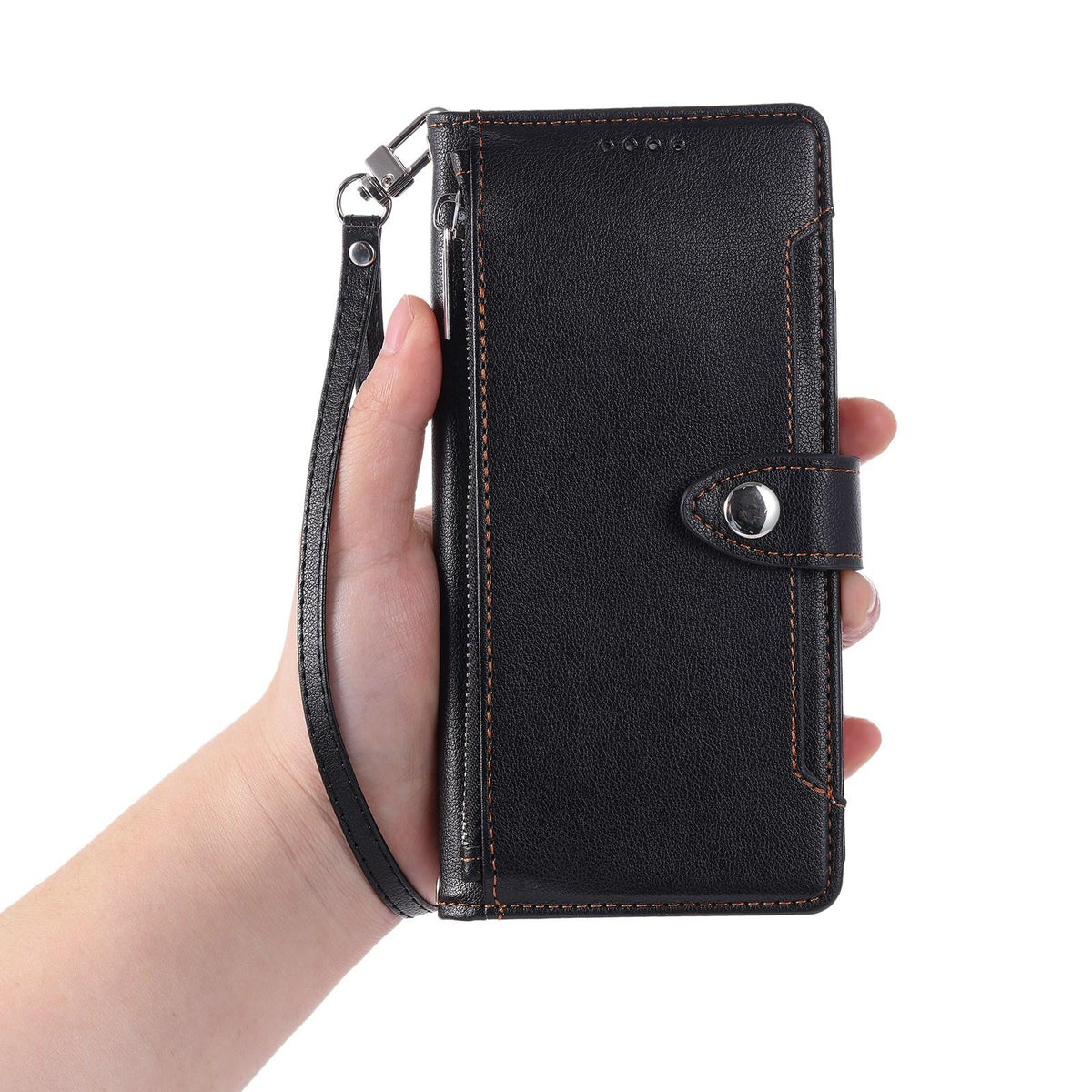Compatible with iPhone 18 Pro Max & 17 Pro Max Litchi Texture Zipper Wallet Buckle Vegan Leather Phone Case with Wrist Strap - Black