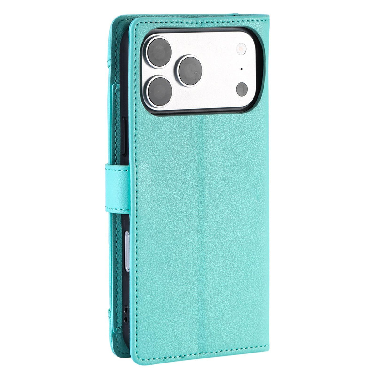 Compatible with iPhone 18 Pro Max & 17 Pro Max Litchi Texture Zipper Wallet Buckle Vegan Leather Phone Case with Wrist Strap - Lake Blue