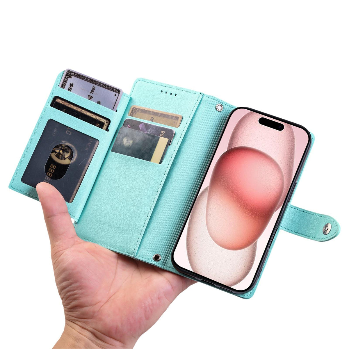 Compatible with iPhone 18 Pro Max & 17 Pro Max Litchi Texture Zipper Wallet Buckle Vegan Leather Phone Case with Wrist Strap - Lake Blue