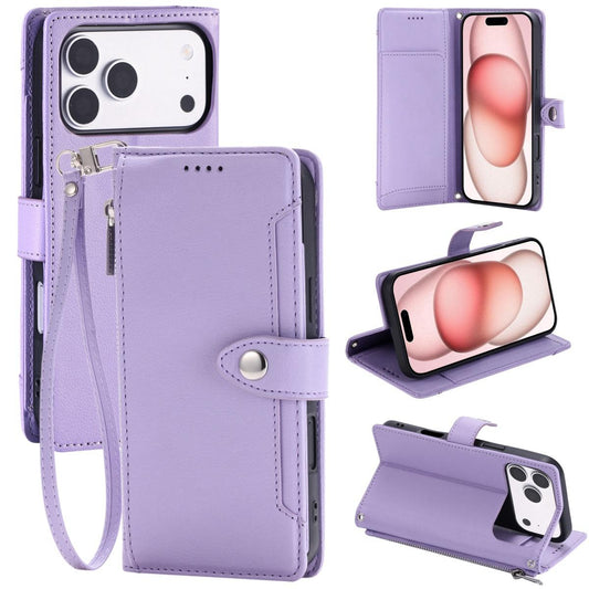 Compatible with iPhone 18 Pro Max & 17 Pro Max Litchi Texture Zipper Wallet Buckle Vegan Leather Phone Case with Wrist Strap - Purple