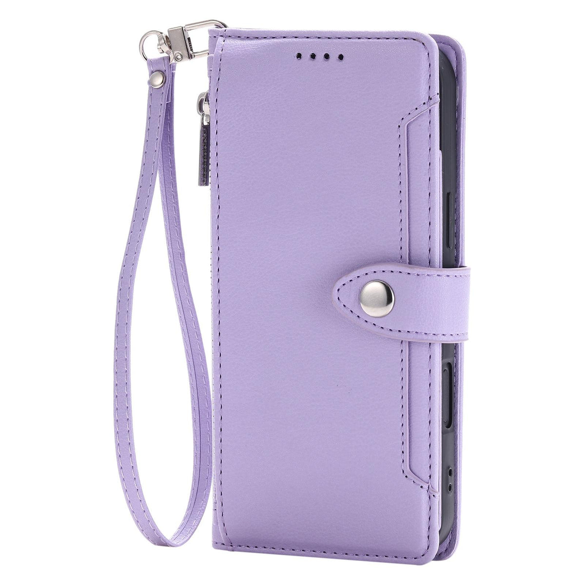 Compatible with iPhone 18 Pro Max & 17 Pro Max Litchi Texture Zipper Wallet Buckle Vegan Leather Phone Case with Wrist Strap - Purple