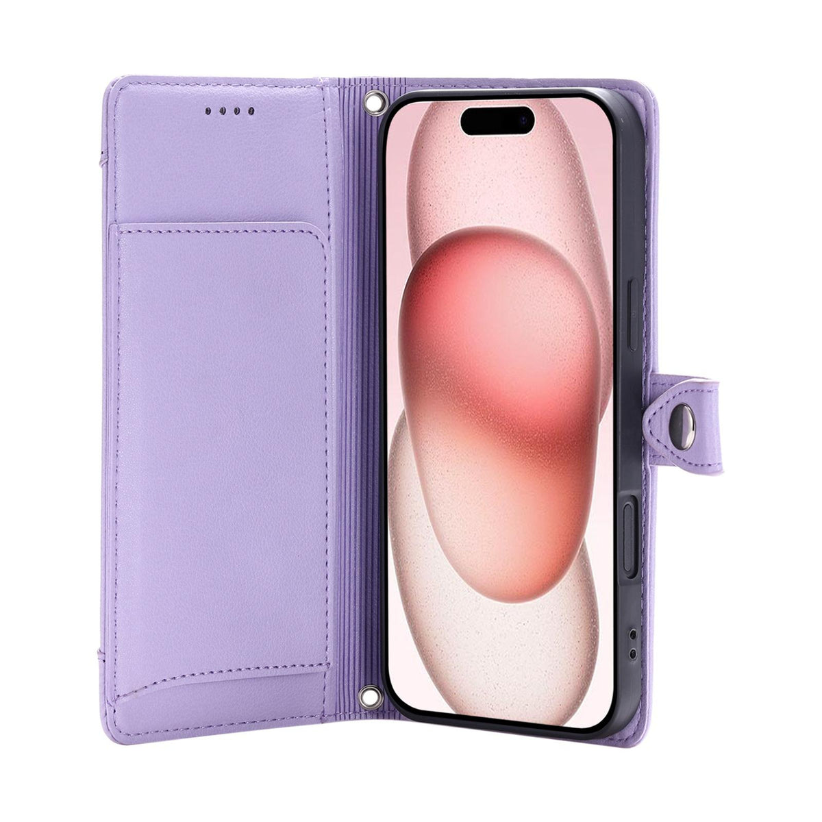 Compatible with iPhone 18 Pro Max & 17 Pro Max Litchi Texture Zipper Wallet Buckle Vegan Leather Phone Case with Wrist Strap - Purple