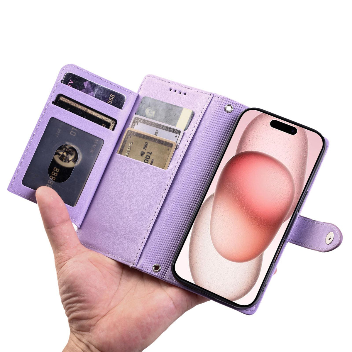 Compatible with iPhone 18 Pro Max & 17 Pro Max Litchi Texture Zipper Wallet Buckle Vegan Leather Phone Case with Wrist Strap - Purple