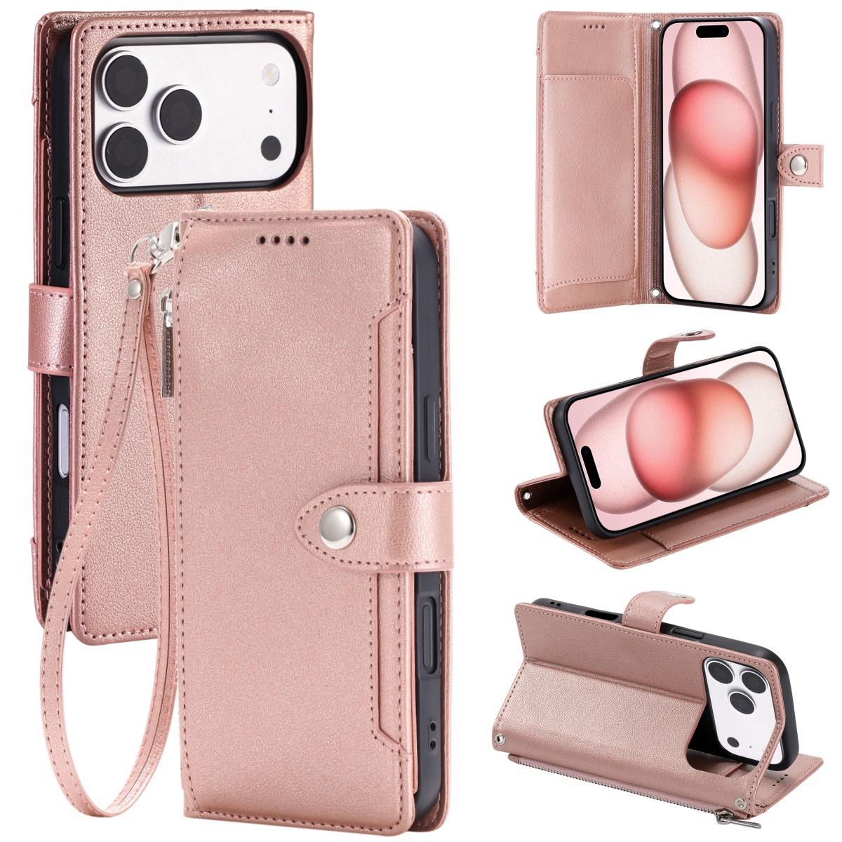 Compatible with iPhone 18 Pro Max & 17 Pro Max Litchi Texture Zipper Wallet Buckle Vegan Leather Phone Case with Wrist Strap - Rose Gold
