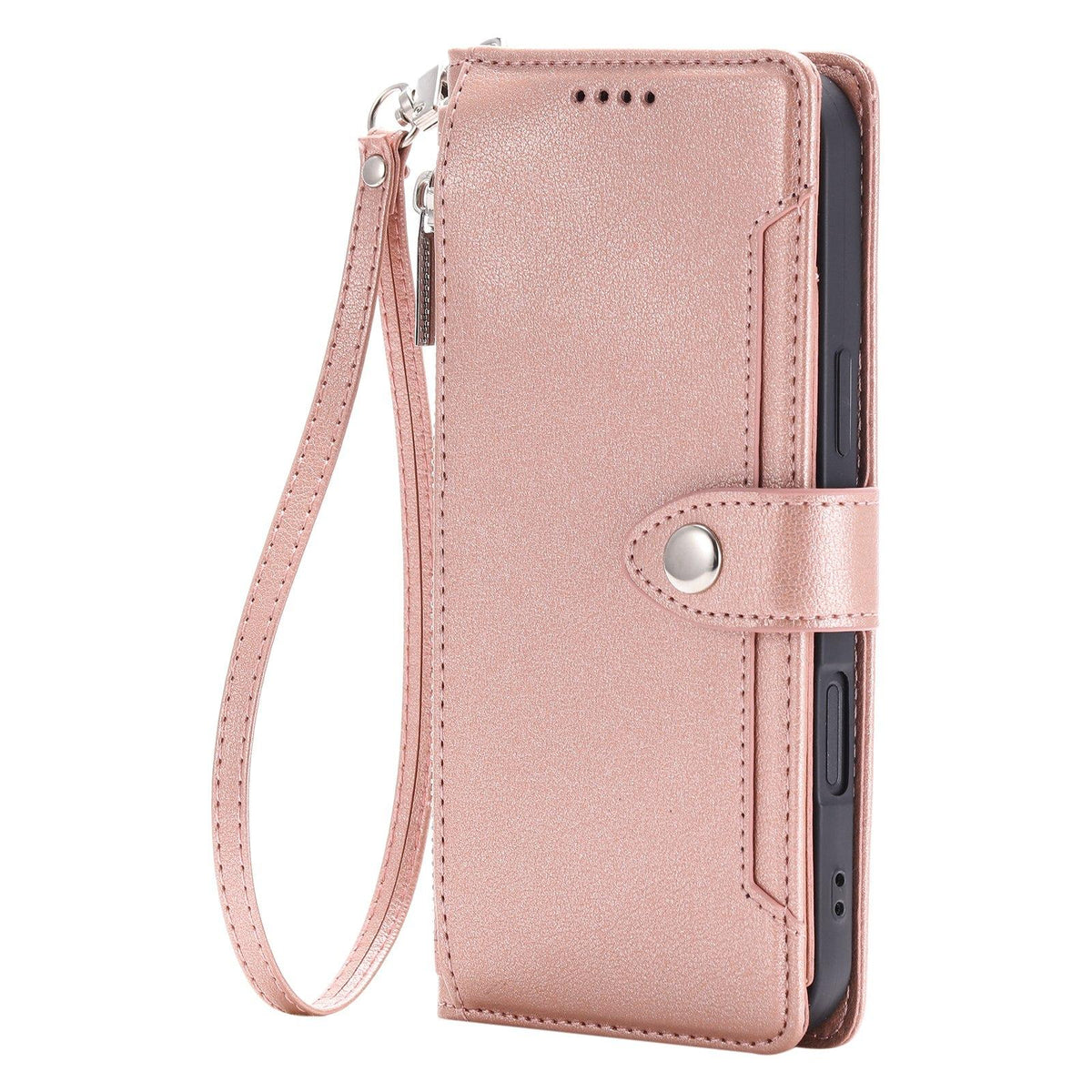 Compatible with iPhone 18 Pro Max & 17 Pro Max Litchi Texture Zipper Wallet Buckle Vegan Leather Phone Case with Wrist Strap - Rose Gold