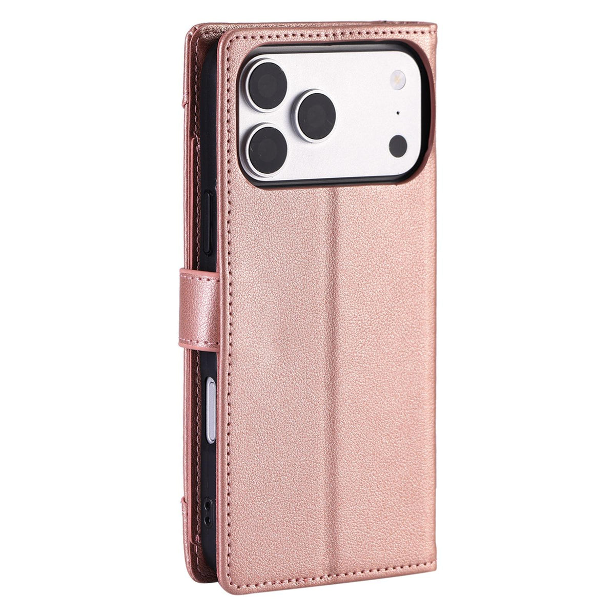 Compatible with iPhone 18 Pro Max & 17 Pro Max Litchi Texture Zipper Wallet Buckle Vegan Leather Phone Case with Wrist Strap - Rose Gold
