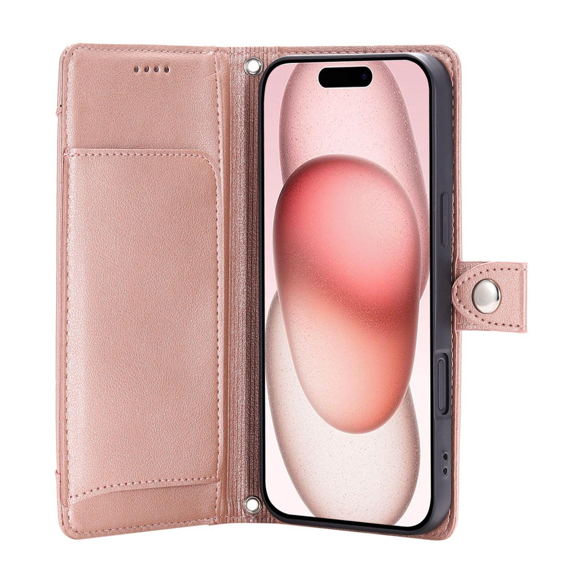 Compatible with iPhone 18 Pro Max & 17 Pro Max Litchi Texture Zipper Wallet Buckle Vegan Leather Phone Case with Wrist Strap - Rose Gold