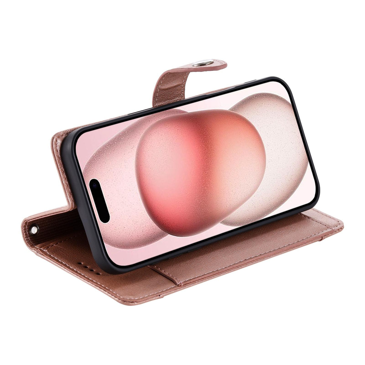 Compatible with iPhone 18 Pro Max & 17 Pro Max Litchi Texture Zipper Wallet Buckle Vegan Leather Phone Case with Wrist Strap - Rose Gold