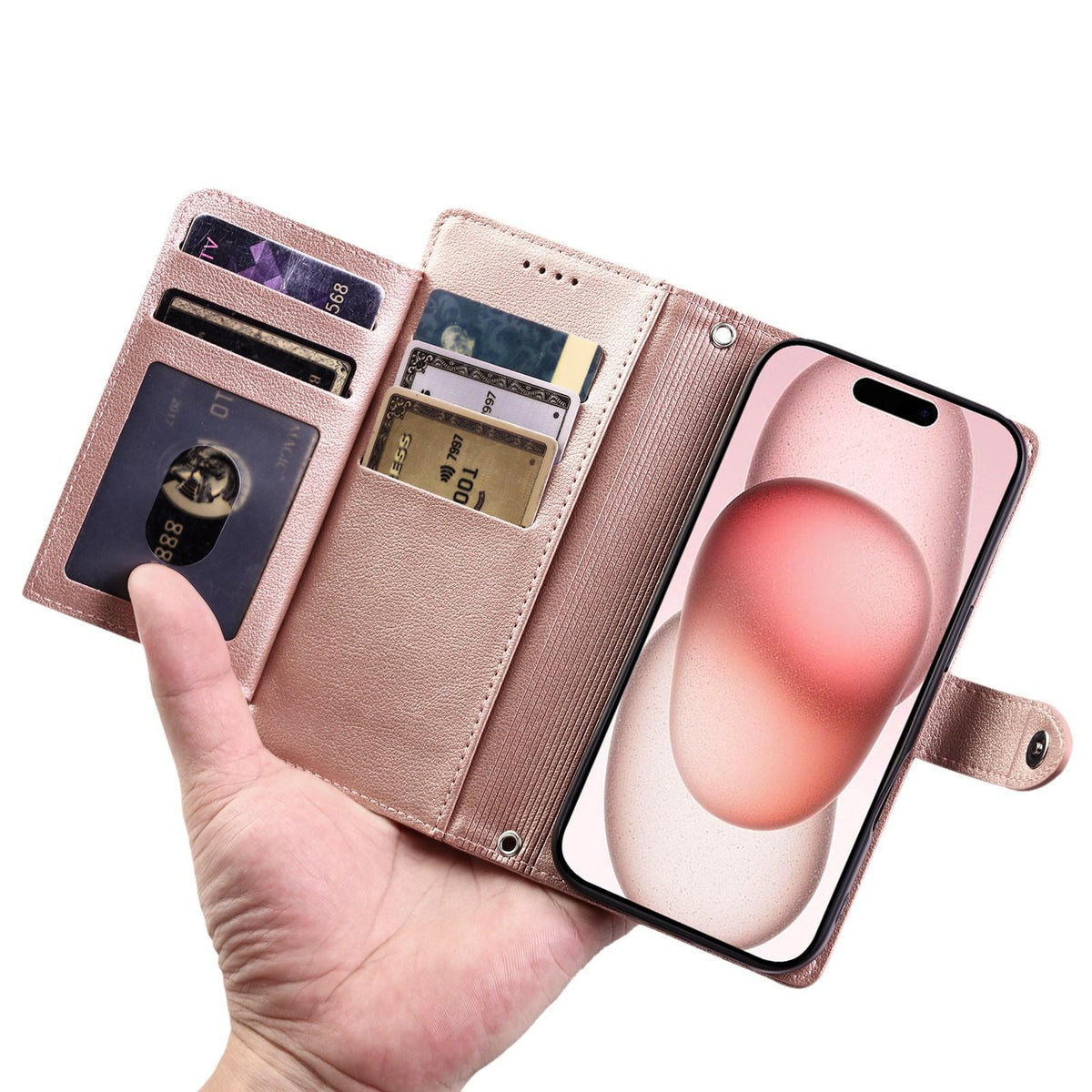 Compatible with iPhone 18 Pro Max & 17 Pro Max Litchi Texture Zipper Wallet Buckle Vegan Leather Phone Case with Wrist Strap - Rose Gold