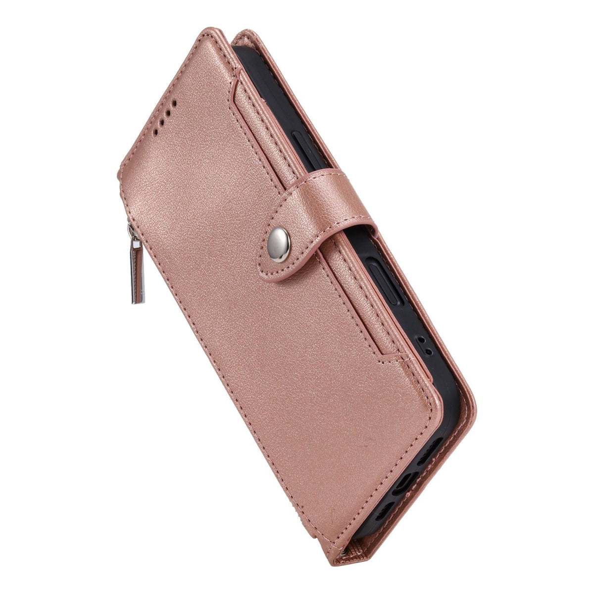 Compatible with iPhone 18 Pro Max & 17 Pro Max Litchi Texture Zipper Wallet Buckle Vegan Leather Phone Case with Wrist Strap - Rose Gold
