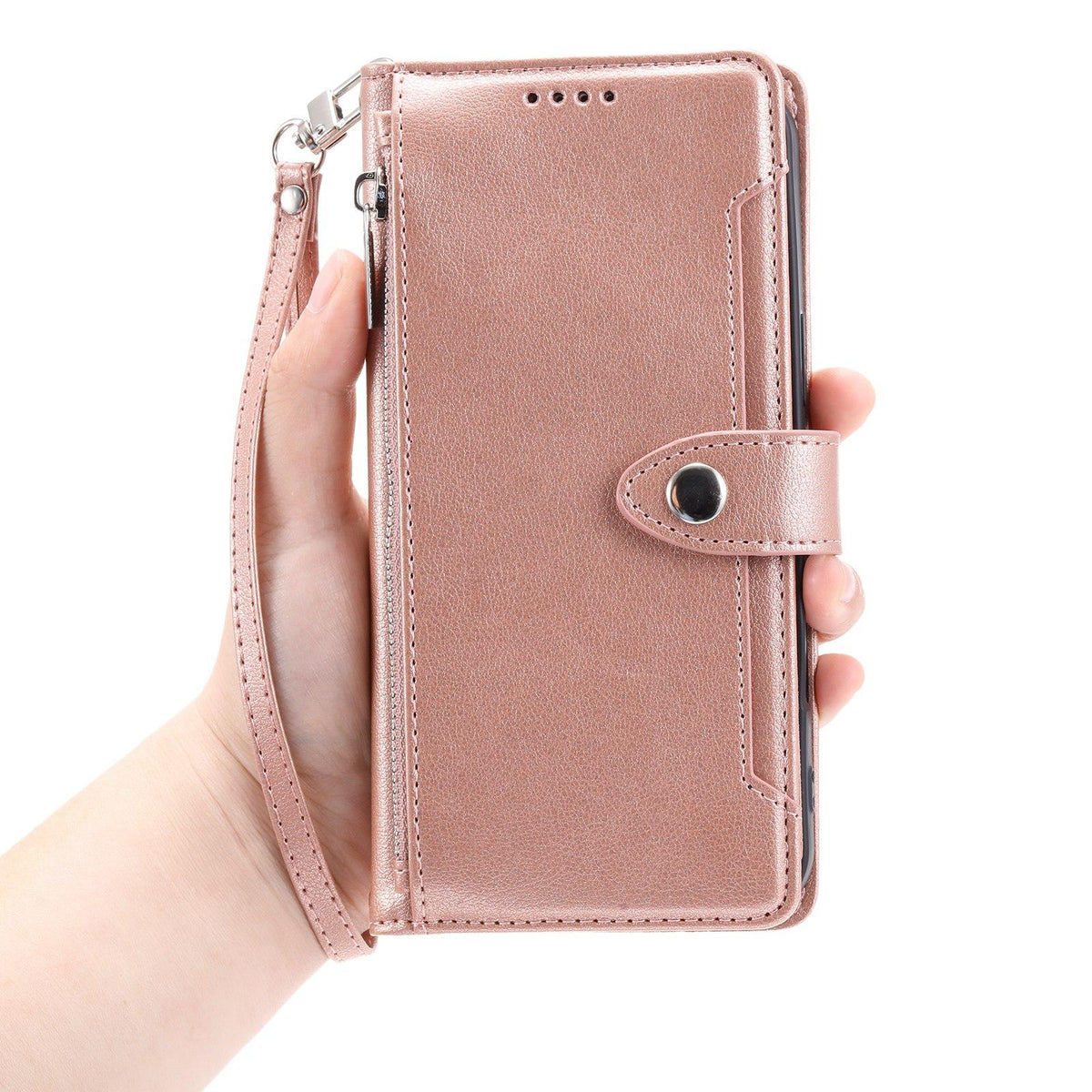 Compatible with iPhone 18 Pro Max & 17 Pro Max Litchi Texture Zipper Wallet Buckle Vegan Leather Phone Case with Wrist Strap - Rose Gold