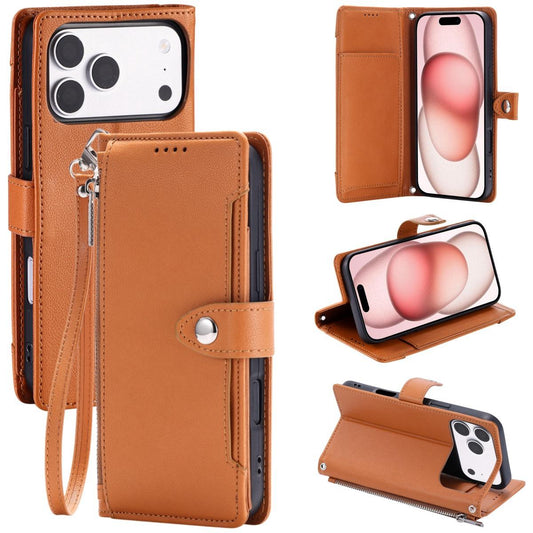 Compatible with iPhone 18 Pro Max & 17 Pro Max Litchi Texture Zipper Wallet Buckle Vegan Leather Phone Case with Wrist Strap - Brown