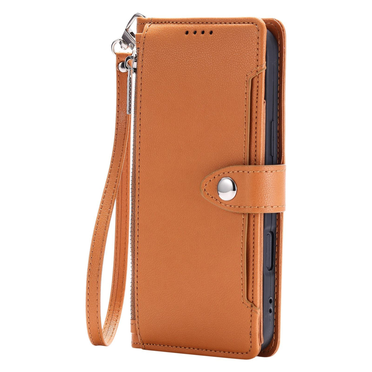 Compatible with iPhone 18 Pro Max & 17 Pro Max Litchi Texture Zipper Wallet Buckle Vegan Leather Phone Case with Wrist Strap - Brown